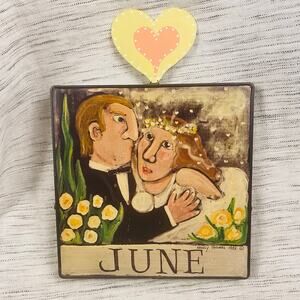 Vintage Nancy Thomas Wall Art June Heart Bride Groom Wedding 8x8 1988 Folk Art